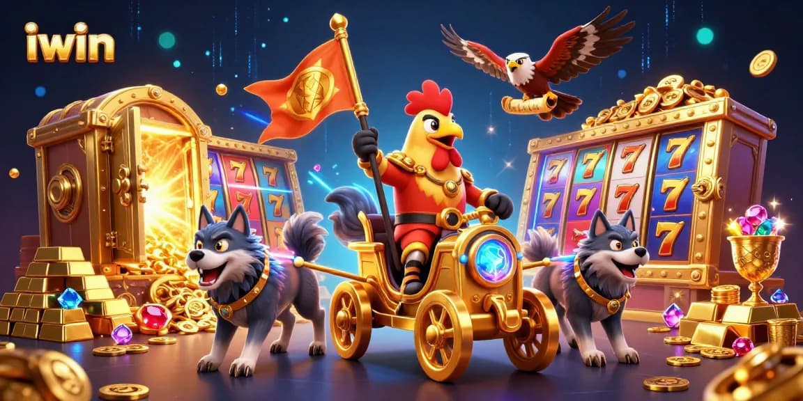 Iwin fosters excitement with a 3D rooster warlord leading gems and golden treasures in an electrifying casino adventure.