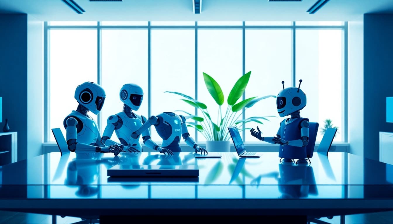 Engaging AI bots collaborating in an advanced workspace with digital interfaces.