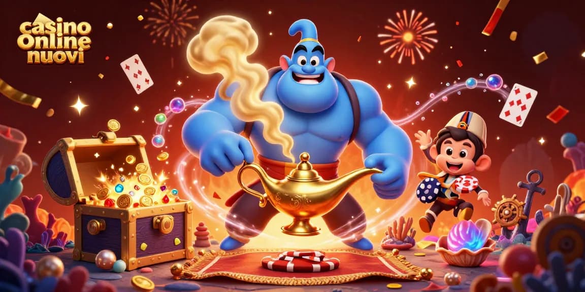 Gioca nei migliori casino online nuovi con un genio e tesori marini in un'illustrazione 3D vibrante.