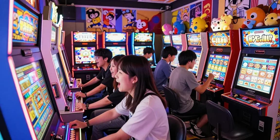 Friends celebrating wins at a vibrant slot jepang machine in an arcade.