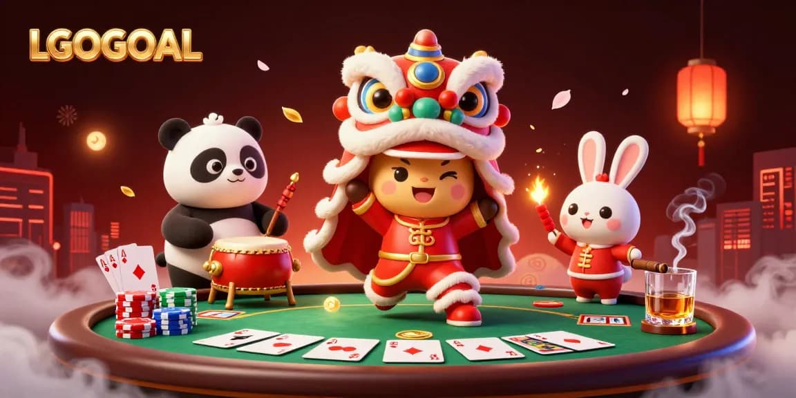 Experience thrilling moments with LGOGOAL in a vibrant 3D casino illustration, featuring poker elements and festive characters.