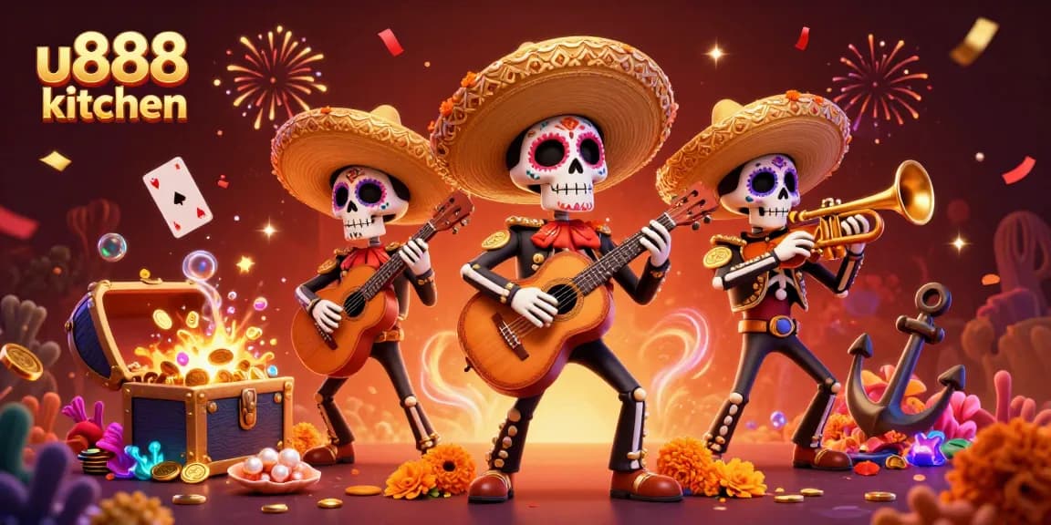 Experience excitement at u888 kitchen with colorful skeleton mariachi playing surrounded by treasure and celebratory elements.