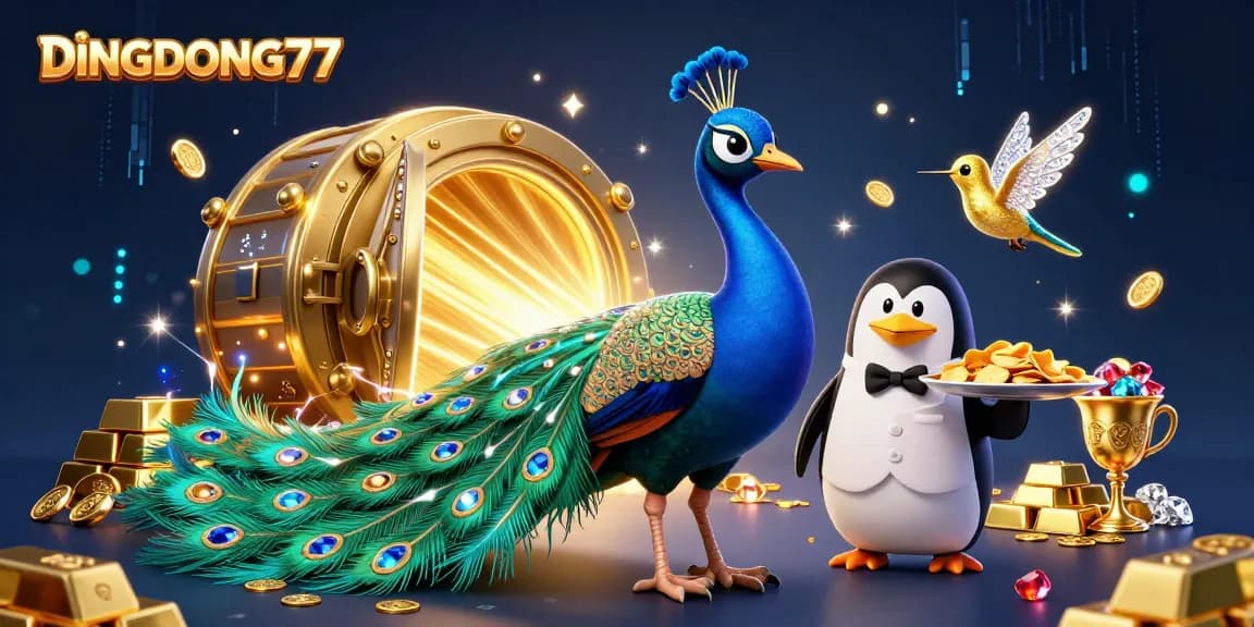DINGDONG77 showcases a vibrant 3D casino scene with iconic characters and golden treasures.