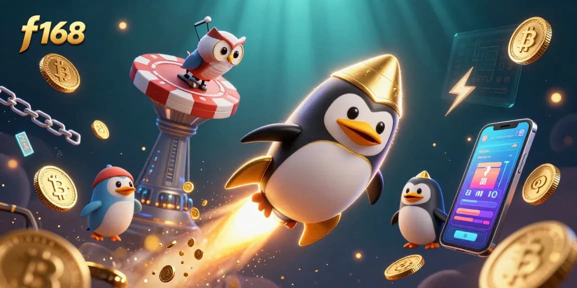 Win big at f168 with a golden penguin racing toward a poker chip casino in space.