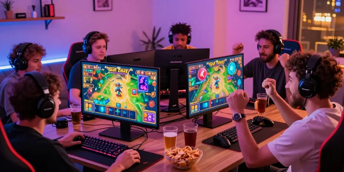 Players enjoying Slot Zeus gaming experience in a vibrant home setup