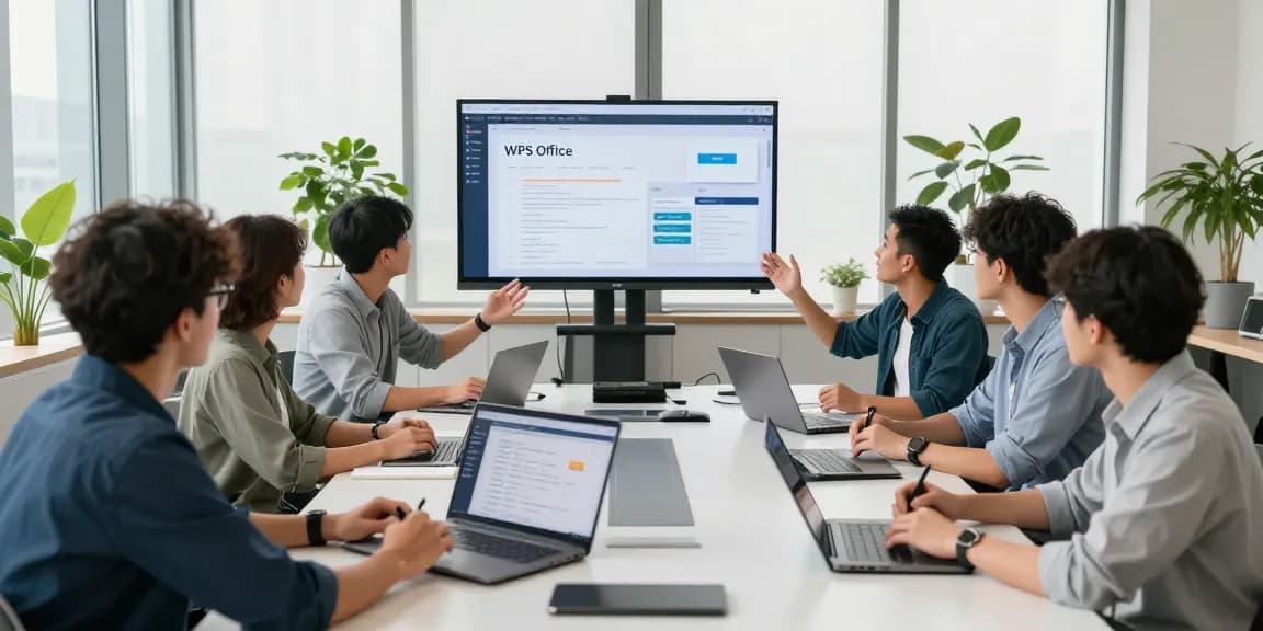 团队合作中展示WPS Office文档的现代办公室场景，充满创新和活力。