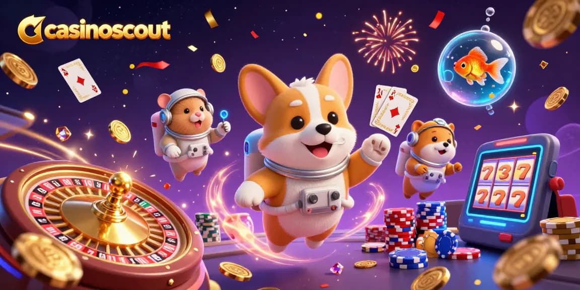casinoscout presents a lively scene with a corgi astronaut and colorful casino elements floating in space.