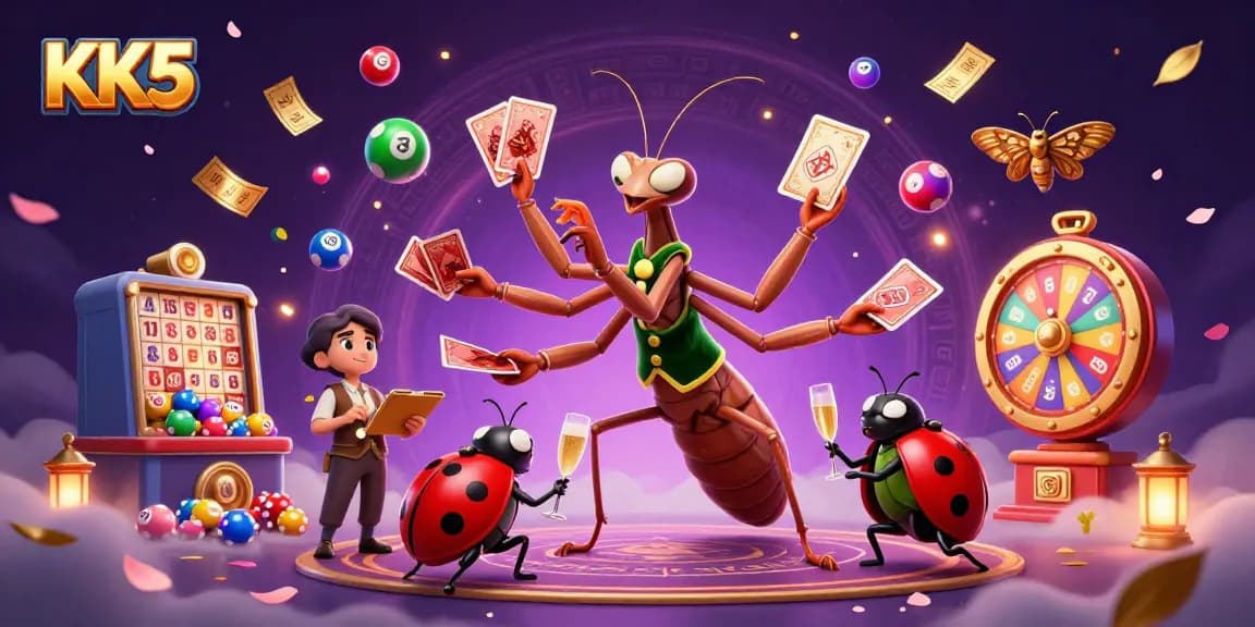 Engage with KK5's vibrant casino atmosphere featuring a giant praying mantis card sharp and colorful lottery elements.