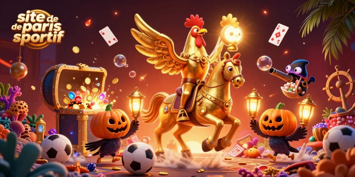 Une illustration animée de 3D représentant un site de paris sportif avec un coq doré et ses compagnons.