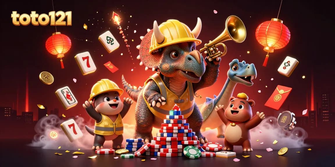 Engage in the thrilling world of toto121 with celebrating dinosaurs and vibrant casino elements.
