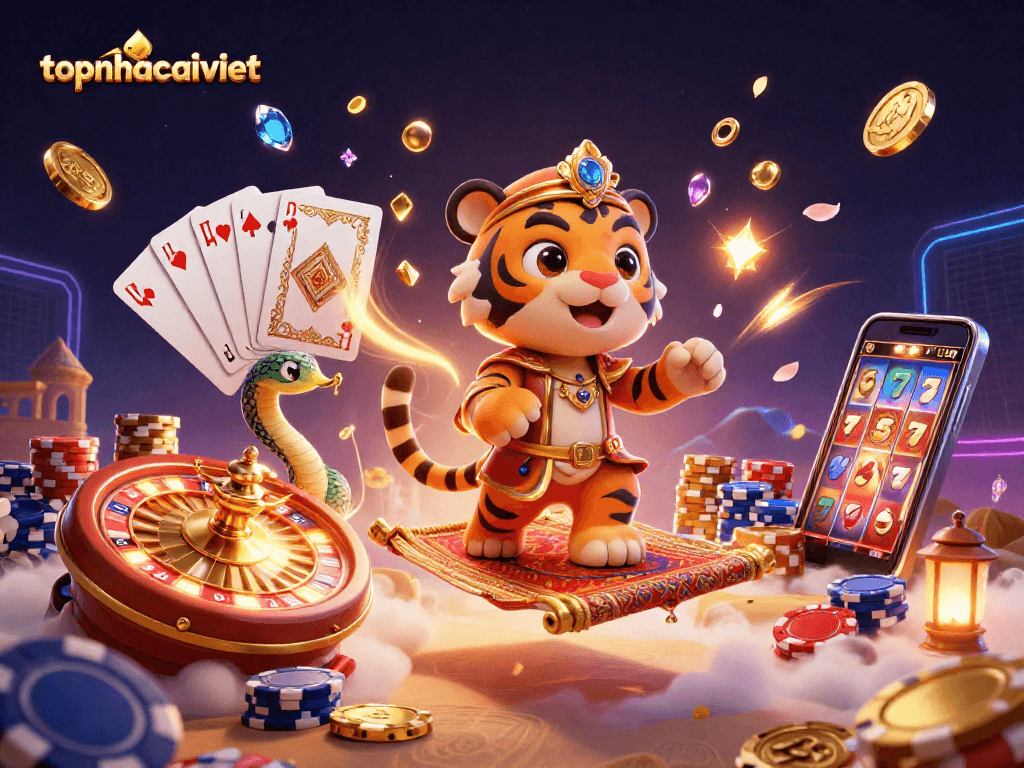 Join the game at topnhacaiviet with vibrant casino elements surrounding an Arabian Nights sultan and genie in this dynamic 3D illustration.
