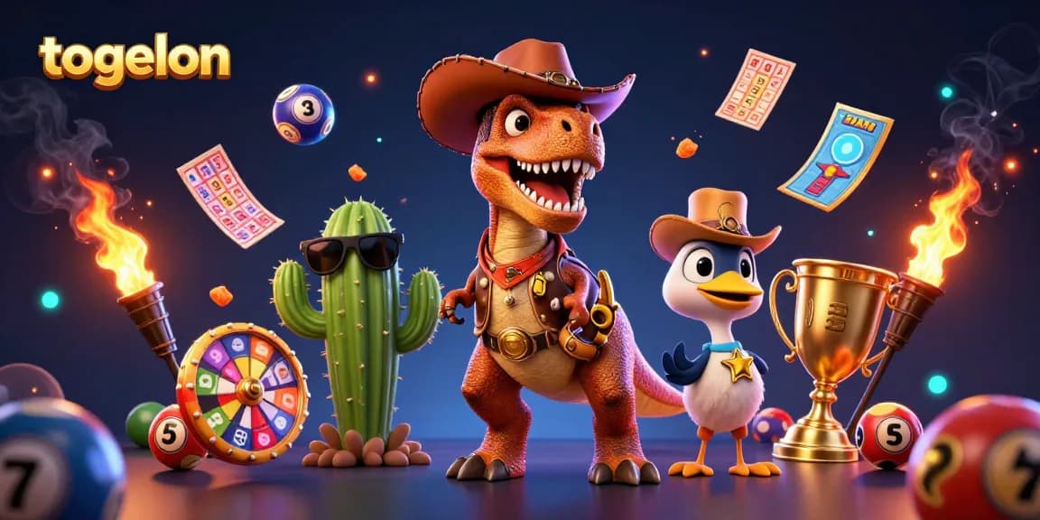 Players win big with togelon as cartoon dinosaur, cactus, and roadrunner celebrate in fun lottery scene.
