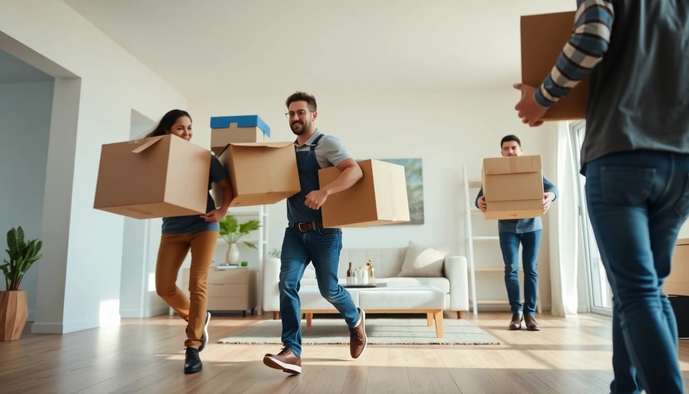 Cullen moving team efficiently transporting furniture and boxes in a modern home setting.