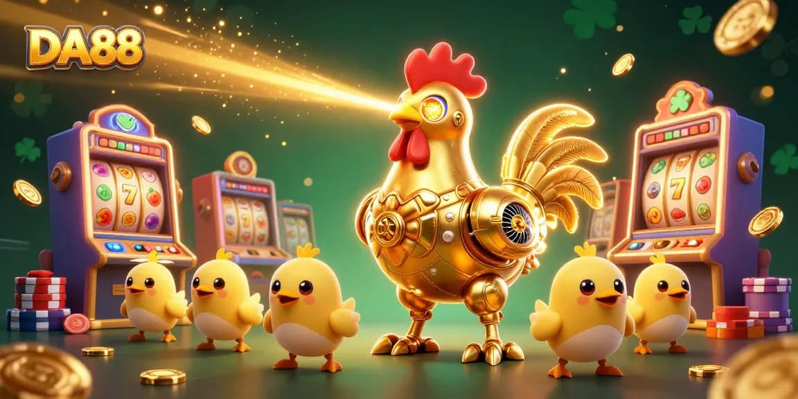 Experience the thrill of DA88 with colorful slot machines and a golden rooster robot in action!