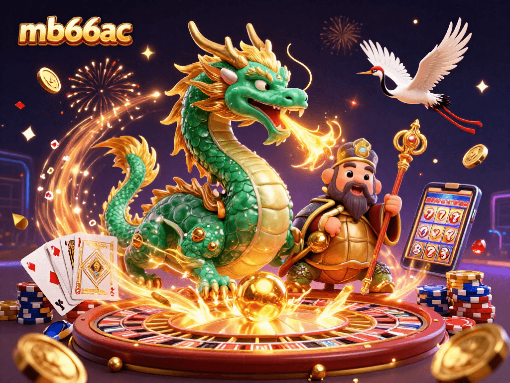 Experience thrilling wins at mb66ac while exploring a vivid casino scene filled with a jade dragon and exciting elements.
