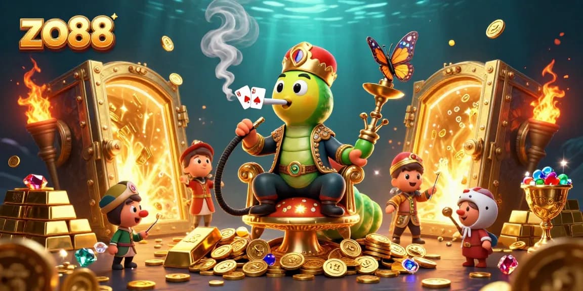 Experience the excitement at zo88 with a vibrant 3D casino scene featuring a caterpillar hookah-master and treasures.