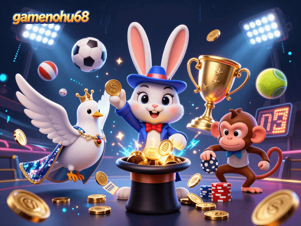 Experience the thrill with gamenohu68 as the magician pulls gold coins amidst exciting sports betting action.