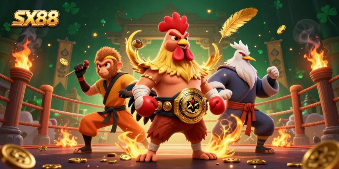 SX88 showcases a vibrant scene with a fierce rooster, Shaolin monkey, and wise crane battling in a dynamic casino environment.