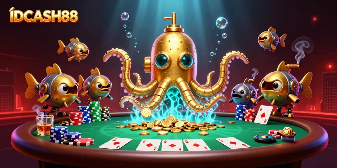 Experience winning thrills with IDCASH88's vibrant undersea casino scene complete with poker excitement.