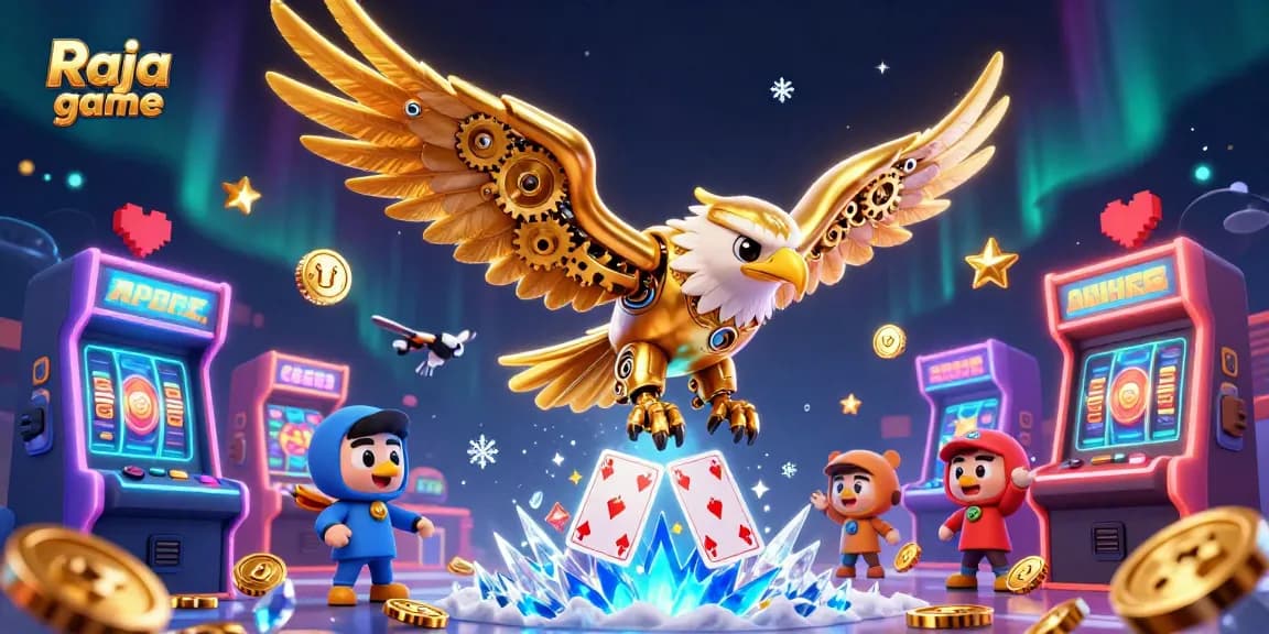 Experience thrilling gameplay with Raja game as a golden eagle dives through holographic cards, surrounded by vibrant gaming elements.