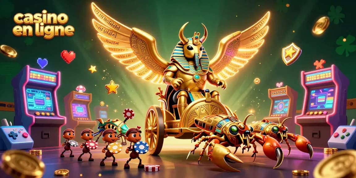 Jouez au casino en ligne avec cette illustration vibrante mettant en scène un scarabée d'or et des scorpions.