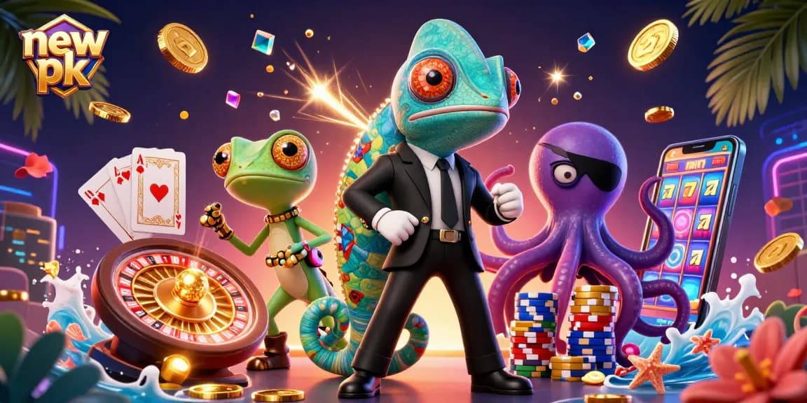 Win big at new pk Casino with a dynamic scene featuring a secret agent chameleon and golden casino elements.