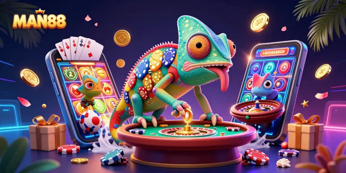 Engage in thrilling bets with MAN88, showcasing a colorful digital gaming scene full of excitement and winnings.