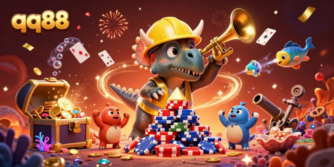 Experience thrilling moments with qq88 as a triceratops builds poker chip pyramids in a casino adventure.