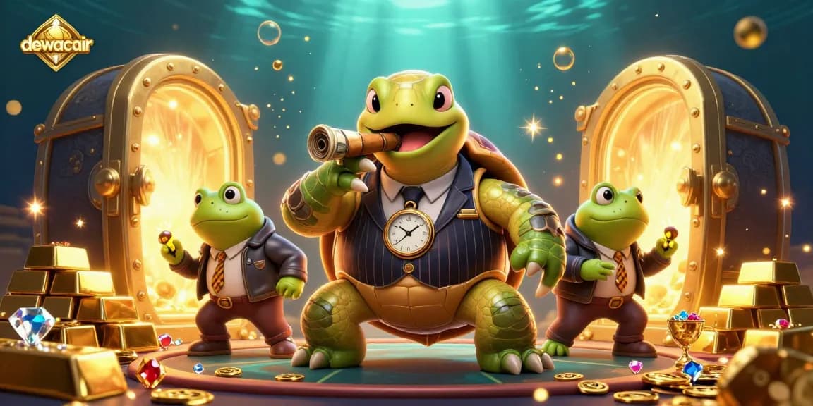 Dewacair's engaging casino adventure featuring a snapping turtle in a mobster suit and bullfrogs amidst treasure.