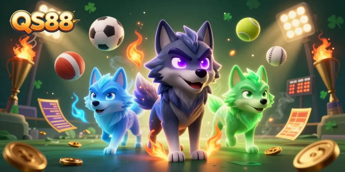 Experience the thrill of QS88 with exciting gaming elements and dynamic wolf characters in this vibrant scene.