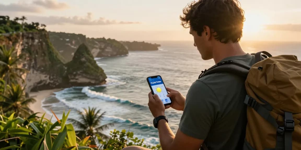 Traveler checking "Prediksi 7meter" weather app at a coastal viewpoint during sunrise, enhancing outdoor adventure.