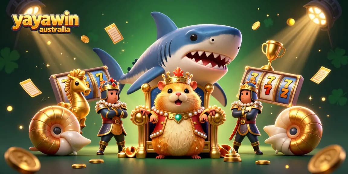 Experience the excitement of Yayawin Australia with this vibrant 3D illustration featuring pokies and a hamster king.