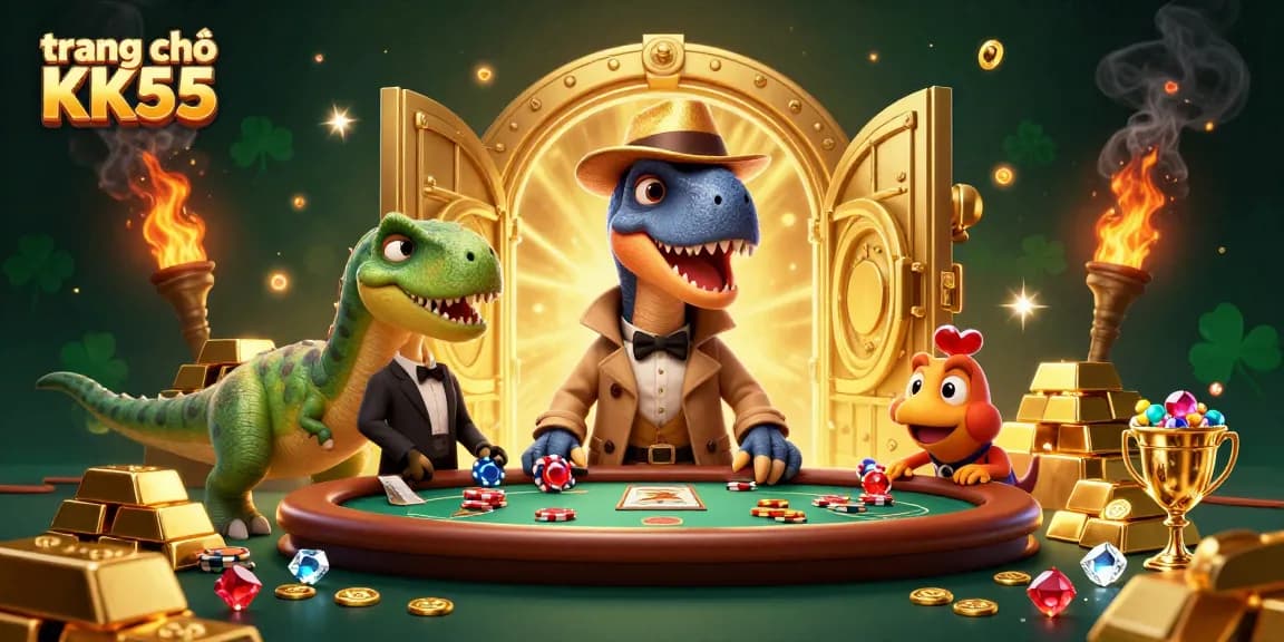 Experience the excitement at trang chủ KK55 with a thrilling blackjack scene featuring animated dinosaurs.