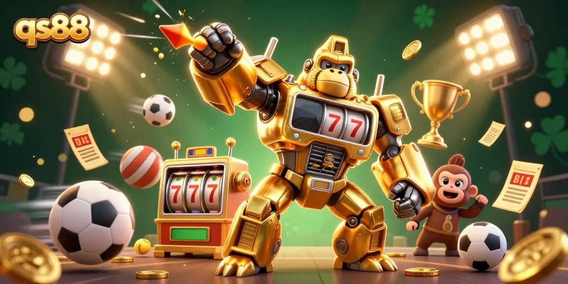 Experience thrilling gameplay at qs88 with a dynamic scene of a golden gorilla mech and sports elements.