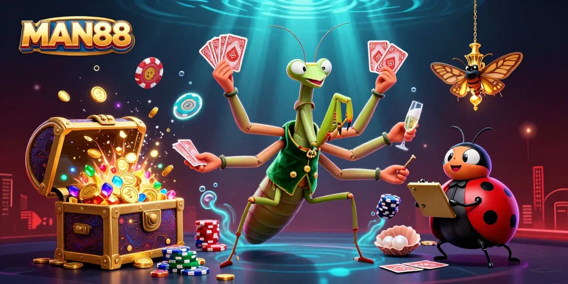 Experience the excitement of MAN88 with a giant praying mantis and ladybug at a vibrant casino scene.