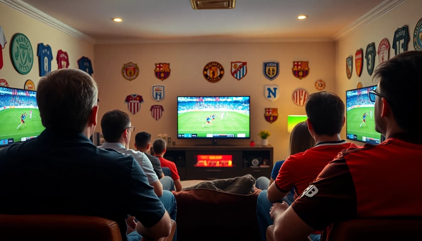 Menampilkan pengalaman bolakami streaming dengan penggemar menikmati pertandingan sepak bola di ruang tamu yang cerah.