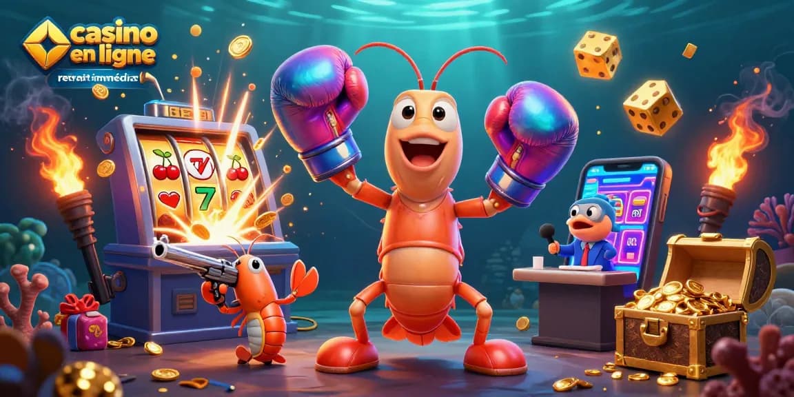 Jouez à des jeux captivants dans un casino en ligne retrait immédiat avec une scène de machines à sous et des personnages 3D.