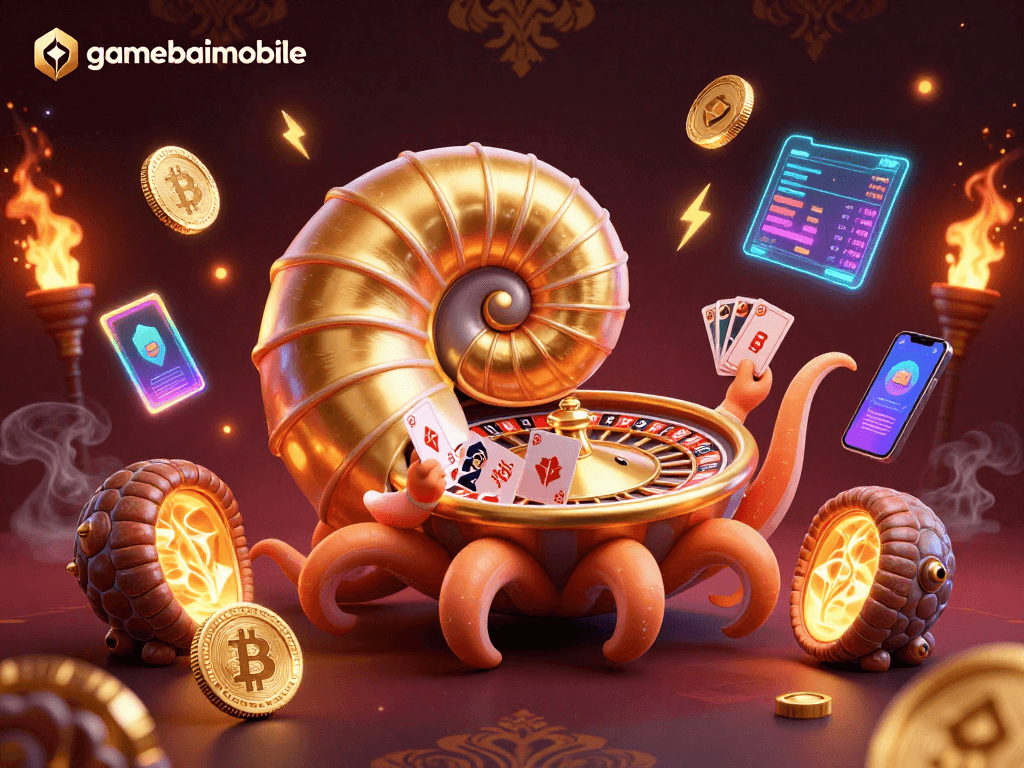 Engage with gamebaimobile's thrilling 3D casino scene featuring ancient nautilus and cryptocurrencies.