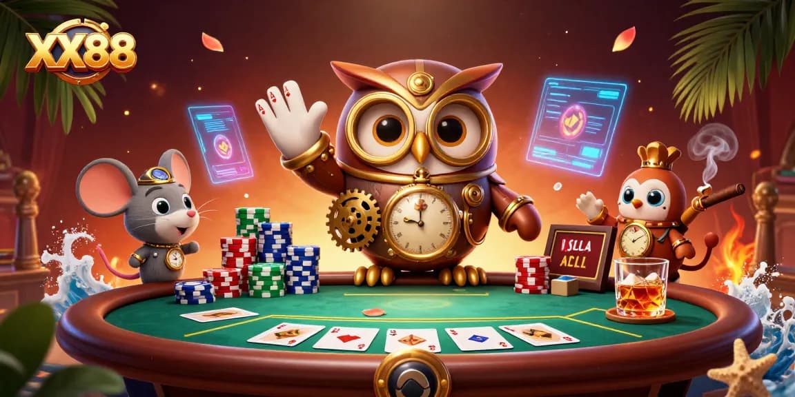Experience the thrill of winning at XX88 with a vibrant casino scene featuring a time-traveler owl and poker elements.