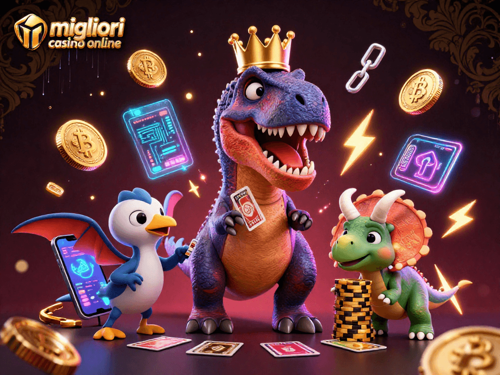 Gioca nei migliori casinò online con un T-Rex che mescola carte e un baby triceratops che impila fiches d'oro.
