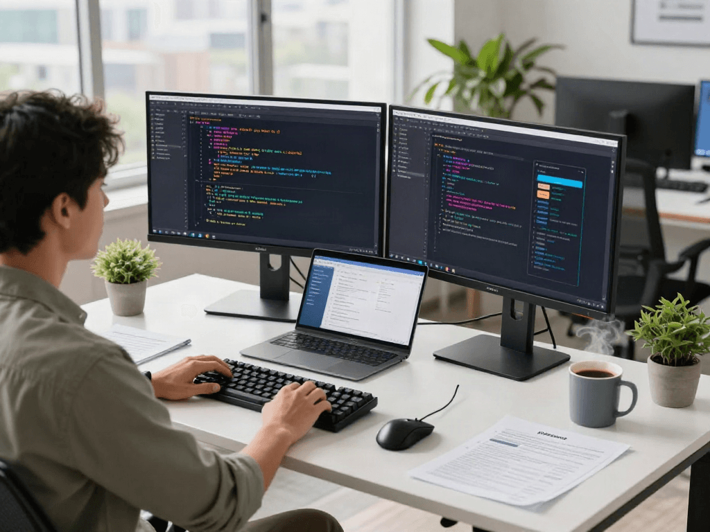 Developer coding the pikashow apk in a modern tech workspace.