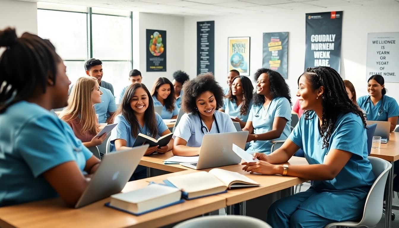 Students actively participating in an in person Nclex review in Houston within a bright classroom setting.