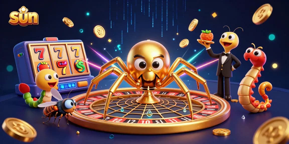 Spin the sun-themed roulette wheel with golden web, vibrant slot symbols, and lively casino elements.