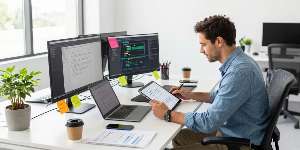 使用 WPS Office 下载的高效工作场景，展示现代化办公桌与多设备协作。