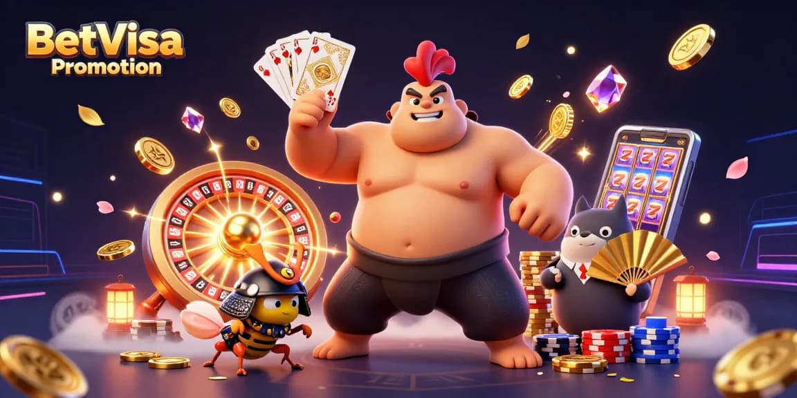 Experience thrilling wins with BetVisa Promotion in a vibrant casino scene featuring dynamic characters and elements.