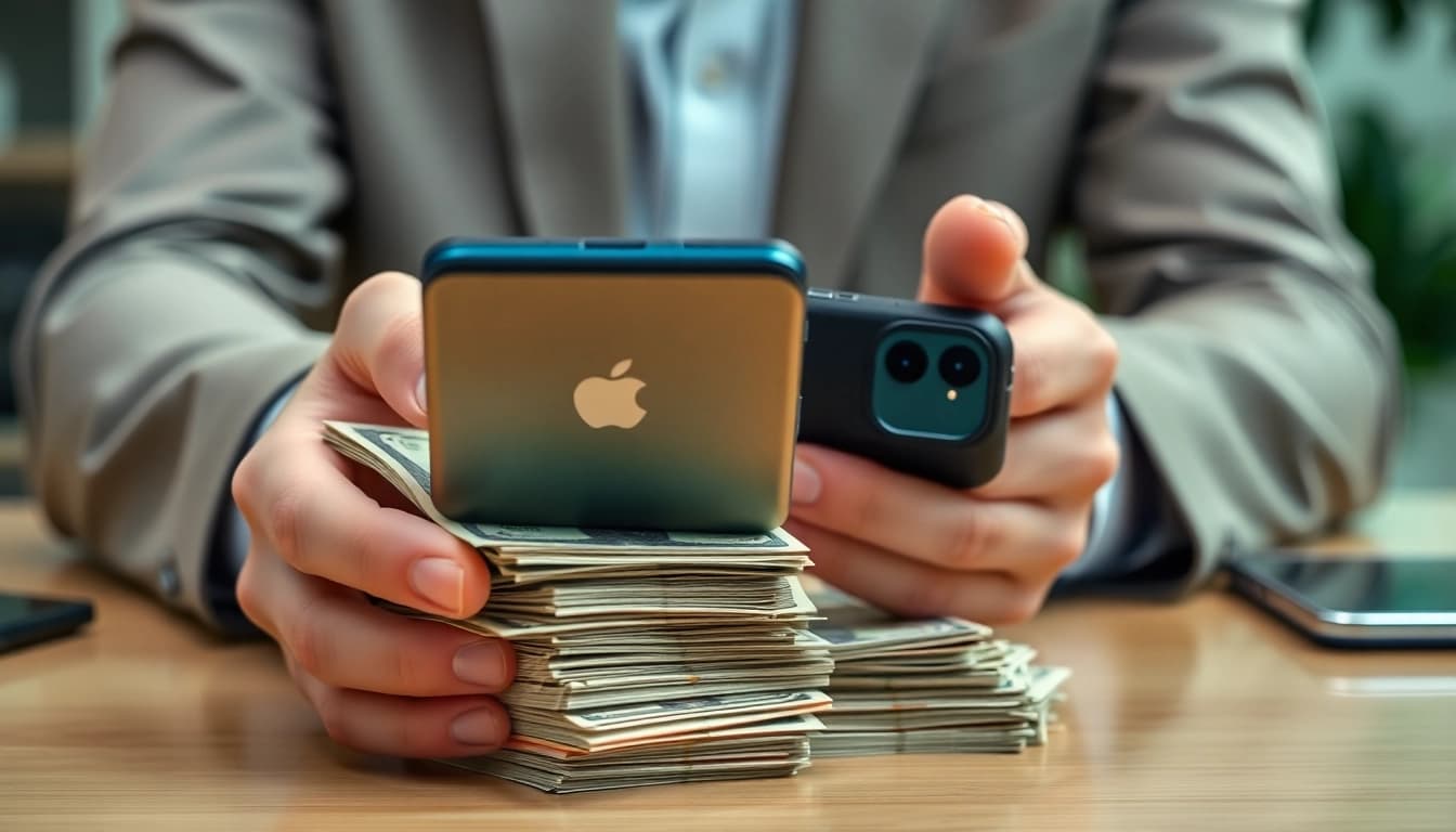Sell iPhone for cash with a professional setting focused on hands exchanging a device for money.