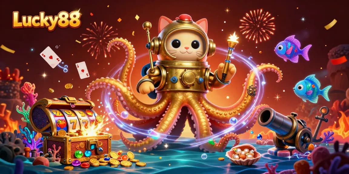 Engage with the Lucky88 slot adventure featuring a colossal kraken and vibrant treasure.