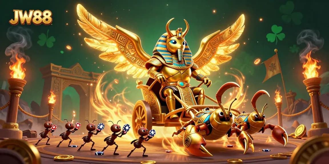 Engage with JW88's thrilling casino experience featuring a golden scarab beetle and jewel-encrusted scorpions.