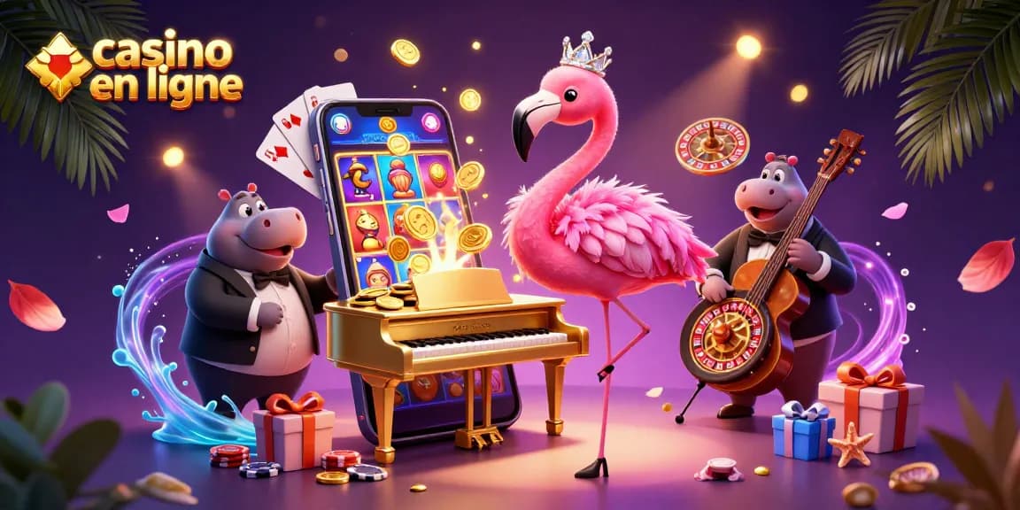 Une scène animée représentant un casino en ligne avec un flamant chanteur et un hippopotame à la basse, entourés de jeux de casino.