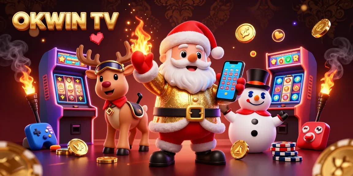 Experience the thrill of gambling with OKWIN TV showcasing festive characters and vibrant casino elements.